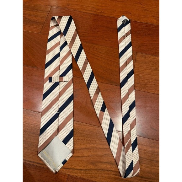 Ermenegildo Zegna Slant Stripe Silk Tie Cream, Brown, Black Dotted 3.5”W x 58"L - Picture 4 of 9